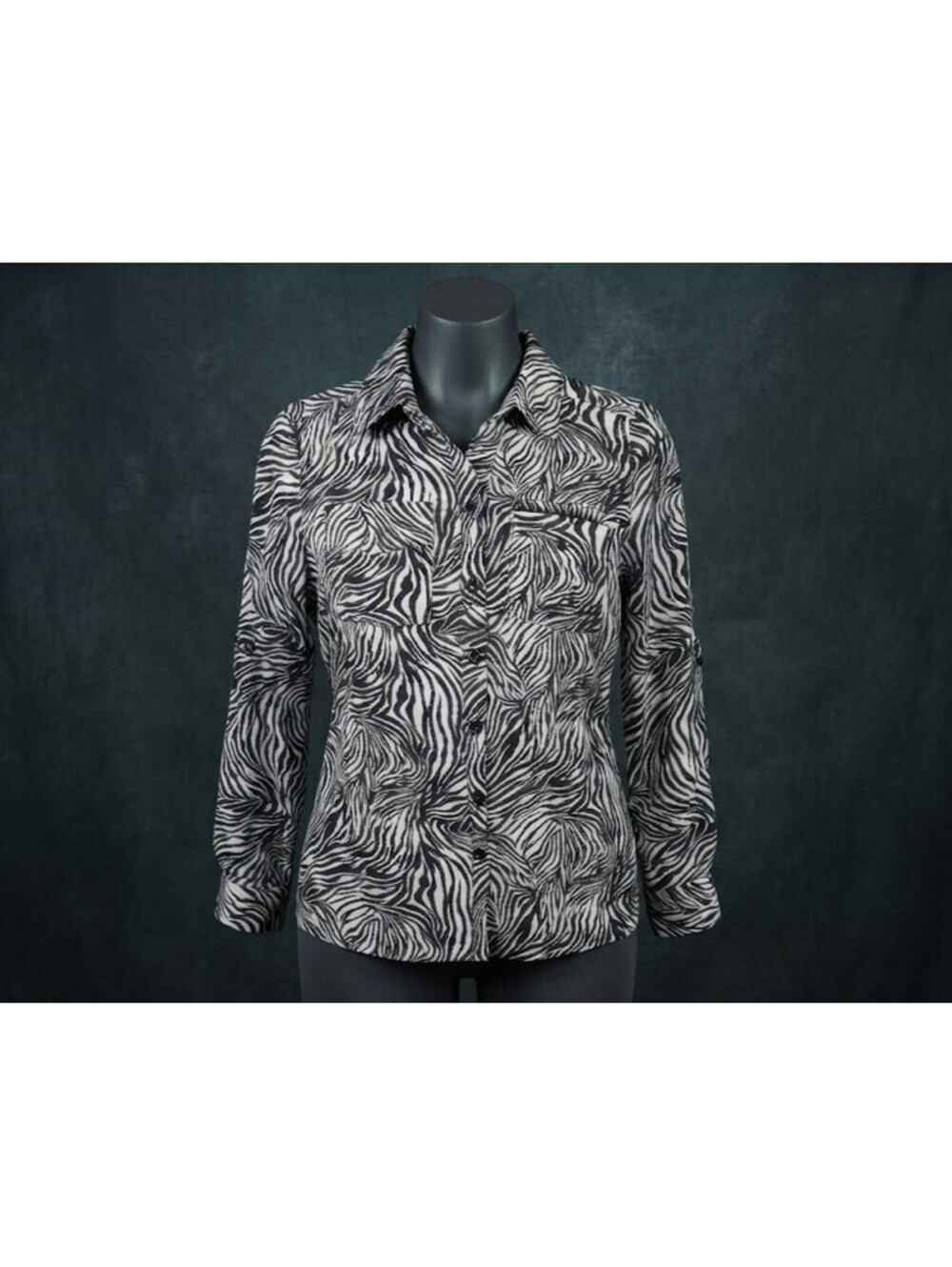 Notations Petite Black & White Zebra Animal Print Button Down Roll Tab Blouse PS